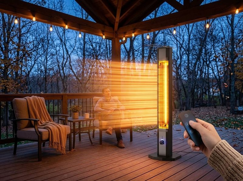NFCCRA Flagship Infrared Tower Heater on a deck with its remote control