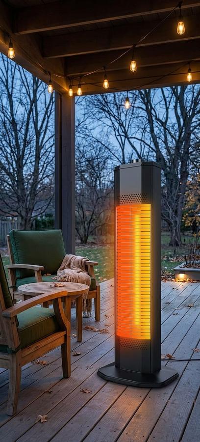 NFCCRA Compact Infrared Tower Heater on a balcony floor