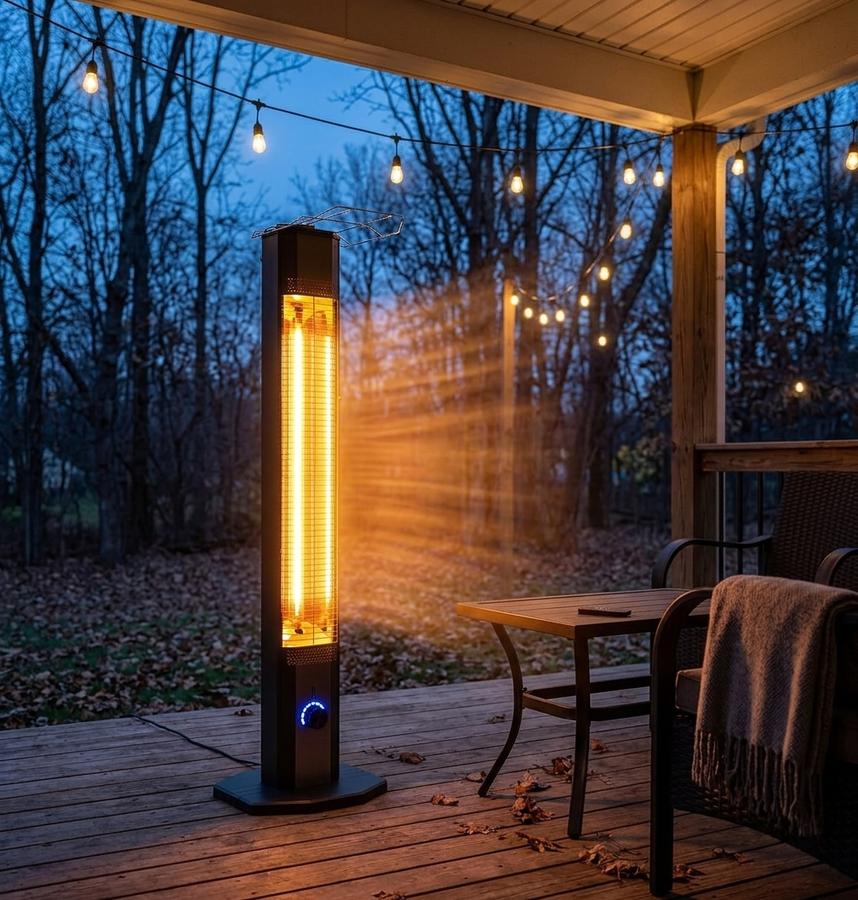 NFCCRA Infrared Tower Heater standing on a rain-wet patio
