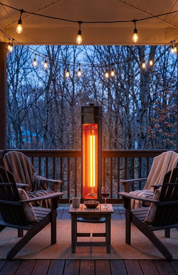 NFCCRA Mid-Tier Infrared Tower Heater beside patio seating